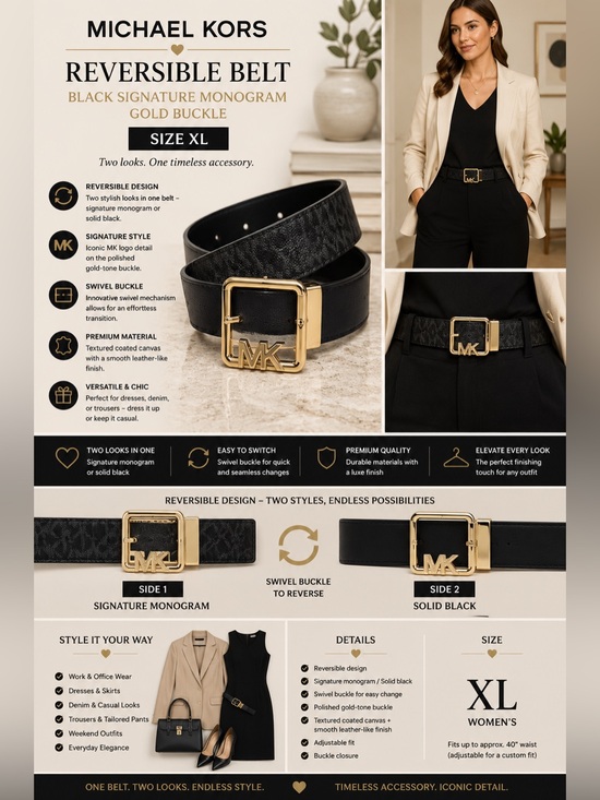 Michael Kors Accessories - Michael Kors Womens Reversible Belt Black Signature Monogram Gold Buckle XL NEW